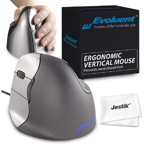Evoluent Mouse VM4L - VerticalMouse 4, Left Hand Ergonomic Design, Evoluent Vertical Mouse with Wired USB Connection for Laptop and PC, Plus Jestik Microfiber Cloth (Regular Size)