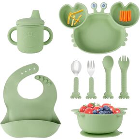 Silicone Baby Feeding Set with BPA-Free Suction Plates, Bowl, Silicone Bibs, Sippy Cup, 2 Set Forks and Spoons for Babies 8PCS Baby Led Weaning Supplies Self Feeding Utensils for Toddlers Kids (Pink)