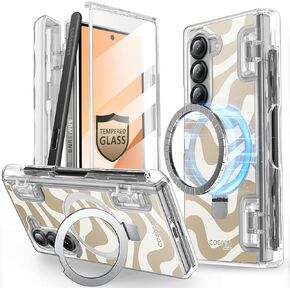 i-Blason Cosmo for Samsung Galaxy Z Fold 6 Case with MagSafe Stand & S Pen Holder [Built-in Tempered Glass Screen Protector] [Hinge Protection] Full Protective Magnetic Case for Z Fold 6 (BeigeSwirl)