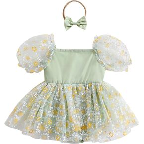 IBTOM CASTLE Baby Girl Romper Dress Princess Floral First Birthday Cake Smash Outfit Tutu Dress Bodysuit Set with Headband