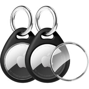 Airtag Holder Air Tag Case with 2 Keychains, Waterproof TPU Shell Protective Case with Metal Keychain 304 Stainless Steel Key Ring Clip, Airtag Accessories for GPS Item Finder Tracker, Black