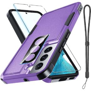 for Samsung Galaxy S22 Case, Full Body Heavy Duty Rugged Shockproof Protective Phone Cover with Lanyard Strap, Tempered Glass Screen Protector and Camera Lens Cover, Black Matte