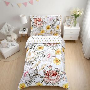 Toddler Bedding Set for Girls, 4 Piece Toddler Comforter Bed Sets, Ultra Soft Breathable Boho Kids Bed Set with Flat Top Sheet, Quilted Comforter, Fitted Sheet and Pillowcases, Floral