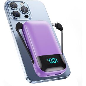 Portable Charger with Built in Cables, Ultra-Compact 13800mAh PD Fast Charging USB C Power Bank, 4 Output LCD Display Battery Pack Compatible with iPhone 15/14/13/12/11 Series, Samsung Android Phones