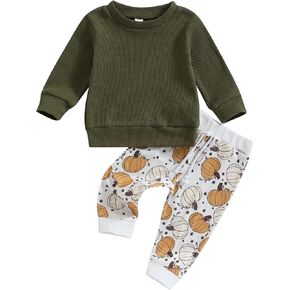 Kuriozud Toddler Baby Boy Girl Pumpkin Clothes Waffle Long Sleeve Crewneck Sweater Top Pants Set Cute Fall Winter Outfit