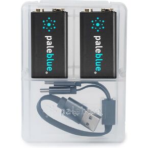 Rechargeable 9V Smart Batteries with USB Charger by Pale Blue, Lithium Ion 9 Volt 500 mAh, Charges Under 3 Hours, Over 1000 Cycles, 2-in-1 USB to USB-C Charging Cable, LED Charge Indicator, 2-Pack