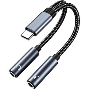 MMOBIEL USB-C Audio Adapter, 16 Bit Type-C to Dual 3.5mm Aux Y Splitter Headphone Microphone for iPhone 15, iPad, MacBook, Galaxy S24 S23 S22 S21, Pixel