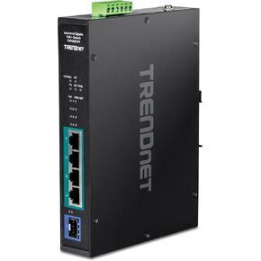 TRENDnet 5-Port Industrial Gigabit PoE+ Switch, Wide Temperature Range -20° – 65°C (-4° – 149°F), DIN-Rail Switch, 50-55V DC, 4 x Gigabit PoE+ Ports, 1 x Gigabit SFP Slot, TI-PGM541, Black