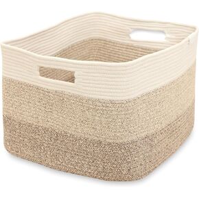 Large Cotton Rope Storage Basket 22" x 17" x 12" | Woven Blanket Basket with Handles for Living Room, Nursery, Bedroom, Office, Toy Organizing | Gradient Beige