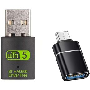 USB WiFi Adapter，600Mbps USB WIFI Bluetooth adapter(includes a USB to USB C adapter)，Dual Band 5G/2.4G Wireless Network Adapter for Desktop Laptop PC，Supports Windows 7/8/8.1/10/XP。