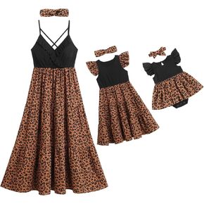 AWIBMK Mommy and Me Matching Leopard Ruffle Sleeveless Dresses Summer Beach Mom Daughter Matching Outfits with Headband 2PCS
