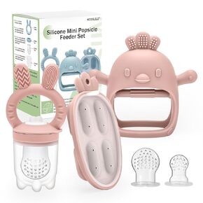 Baby Food Fruit Feeder & Mini Freezer Nibble Tray, Breastmilk Popsicle Molds for Baby Cooling Relief, BPA Free Safe Infant Self Feeding, Silicone Baby Teething Toys for Boys and Girls