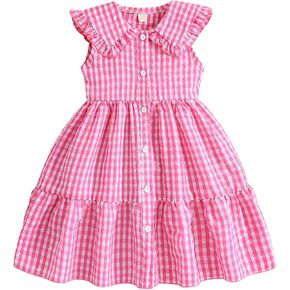 Little Girls Pink Gingham Dress Toddler Pink Plaid Summer Dresses Sleeveless Lapel Collar Casual Princess Sundress