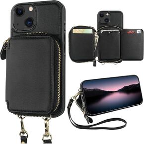 Bocasal RFID Blocking Wallet Case for iPhone 14 iPhone 13, Adjustable Crossbody Zipper Purse Case Card Holder with Kickstand Detachable Wrist Strap, PU Leather Flip Folio Case 6.1 Inch 5G (Black)