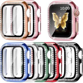 8 Pack Bling Case Compatible for Apple Watch 38MM Series 3 2 1 Screen Protector, Diamond Hard PC Bumper Cover Built-in Tempered Glass Smartwatch Accessories Women Girls iwatch 38MM