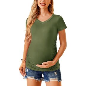 Ekouaer Maternity Shirts V Neck Short Sleeve Side Ruched Tops Tunic Casual Pregnancy Clothes S-XXL