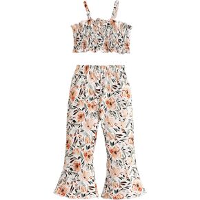 Toddler Baby Girl Boho Outfits Floral Ruffle Rib Sleeveless Halter Tops Bell Bottom 2Pcs Kids Summer Clothes Set
