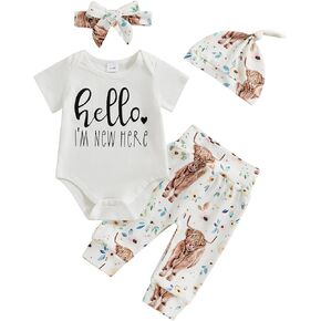 Ayalinggo Hi I‘m New Here Newborn Outfit Girl highland cow baby clothes Coming Home Romper T-shirt Western Pants Hat infant
