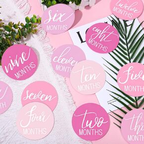 Whaline 12Pcs Baby Monthly Milestone Cards Pink Cursive Script Acrylic Marker Discs Rustic Baby Month Announcement Sign for Baby Pregnancy Growth Photo Prop, 3.9 x 3.9 Inch