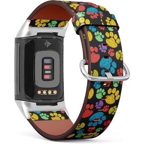 Compatible with Fitbit Charge 5, Patterned Leather Replacement Band (Colorful hand drawn doodle paw prints)