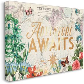 Stupell Industries Adventure Awaits Globe Map Flower Word, Design by Ophelia and Company Art, 10 x 15, Wall Plaque