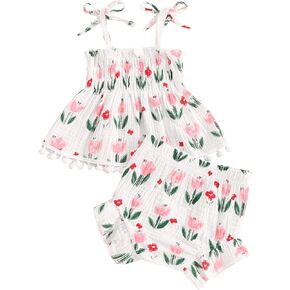 Newborn Baby Girl Clothes Summer Floral Print Sleeveless Ruffle Strap Top Linen Shorts Set Infant Outfit