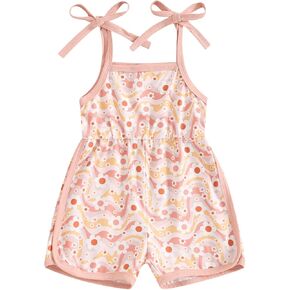 Toddler Baby Girl Summer Clothes Sleeveless Bow Print Tie-Up Strap Romper Halter Jumpsuit Shorts Overalls