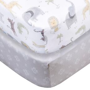 Gerber Baby Unisex 2-Pack Knit Crib Sheet, Animals + Geos Neutral, One Size