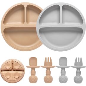 Silicone Baby Feeding Set, 2 Pack Divided Baby Plates with Suction, 2 Pack Spoons and Forks Set, BPA Free, Baby Led Weaning Supplies for Toddler Utensils Baby Feeding Essentials