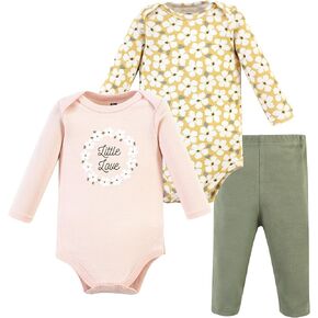 Hudson Baby Unisex Baby Cotton Bodysuit and Pant Set, Sage Floral Wreath Long Sleeve, 0-3 Months