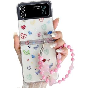 Shinymore for Galaxy Z Flip 5 Case with Strap,Clear Flexible Cute Cartoon Love Heart with Lovely Strap Bracelet Chain Girls Women Case Cover for Samsung Galaxy Z Flip 5,Blue