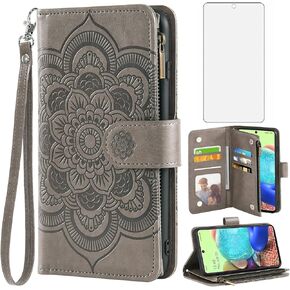 Asuwish Compatible with Samsung Galaxy A71 5G Wallet Case and Tempered Glass Screen Protector Flower Leather Flip Card Holder Stand Cell Phone Cover for Glaxay A 71 G5 Gaxaly 71A S71 Women Men Purple