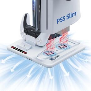 PS5 Slim Stand with Cooling Station for PS5 Slim Console Disc/Digital Edition, Playstation 5 Cooling Station with Dual PS5 Controller Charger, 3 USB Hubs, 3 Levels Cooling Fan Headset Holder