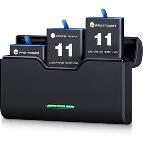 FirstPower Hero 12/11/10/9 Battery 3-Pack 2250mAh and Triple Slot USB Fast Charger Fully Compatible with GoPro Hero 12, GoPro Hero 11, GoPro Hero 10, GoPro Hero 9 Official