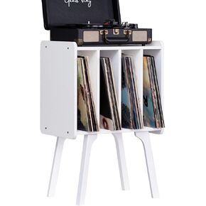 Small Record Player Stand - Width 11.7 in, Natural Vinyl Record Storage Table with 4 Cabinet Up to 80 Albums, Vinyl Holder with Wood Legs,Turntable Stand Display Shelf for Living Room