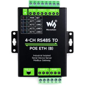 Waveshare 4-Ch RS485 to RJ45 Ethernet Serial Server, 4 Channels RS485 Independent Operation, Rail-Mount Industrial Isolated Serial Module, Modbus Gateway, PoE Ethernet Port