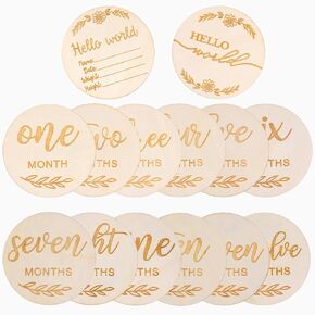 14pcs Flower Baby Monthly Cards, 1-12 Months Baby Birth Announcement Sign Hello World Newborn Sign Wooden Discs Baby Monthly Card Sign for Milestone Boy and Girl Photography Props