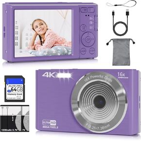 Digital Camera 44MP 4K Auto Focus Point and Shoot Kids Video Camera with 64GB SD Card 2 Batteries 16X Digital Zoom Compact Portable Small Vintage Camera Gifts for Teens Kids Boys Girls(White)