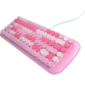 Lomiluskr Cute Colorful Wired Mechanical Keyboard for Girls and Kids, Round Keycaps, Compact 84 Keys, 10 Lighting Effects White Backlit, Pink Switch (Blue)