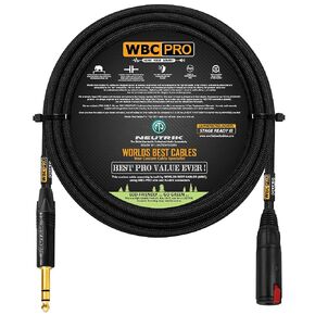 15 قدم - WBC-PRO-QUAD كابل تمديد لسماعات الرأس رباعي النجوم فائق الصمت، فائق المرونة، متوازن مع ¼ بوصة (6.35 ملم) قابس TRS ذكر نيوتريك لقفل مقبس TRS الأنثوي وسترة تويد سوداء