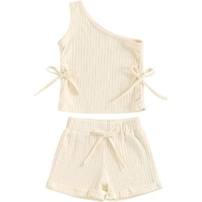 Karuedoo Toddler Baby Girl Summer Outfits Solid Color One Shoulder Side Drawstring Ribbed Knit Tank Tops and Shorts Set