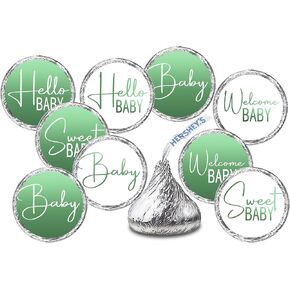 216 Modern Baby Shower Green Kisses Labels for Baby Shower Or Baby Sprinkle Party Or Event Decorations, Stickers, Wrappers, Favors. Made in USA