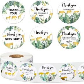 Whaline 600Pcs Jungle Safari Thank You Stickers Forest Animals Green Gold Baby Shower Thank You Sticker Wild Animals Greenery Adhesive Label Sticker for Baby Shower Birthday Party Favor, 6 Design