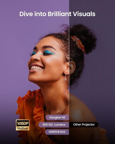 جهاز عرض Dangbei الذكي 1080P، 400 ISO Lumens، مرخص رسميًا من Netflix، صورة 120 بوصة، جهاز عرض منزلي مزود بواي فاي وبلوتوث مع مكبر صوت دولبي مزدوج 6 وات، تركيز تلقائي in Kuwait