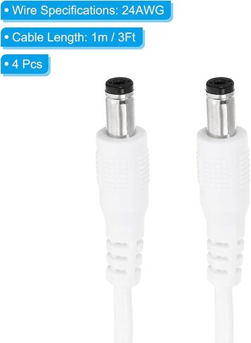 PATIKIL 3Ft ذكر إلى ذكر 5.5x2.1mm DC كابل تمديد الطاقة، 4 قطع 24AWG سلك محول موصل شحن الحبل لشريط LED DVR كاميرا التوجيه، أبيض in Kuwait