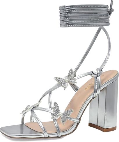 Strappy Heels for Women Sexy Lace Up Chunky High Heels Sandals Square Open Toe Heels with Bow White Black Gold Silver Tie Up Block Heels for Party, Prom, Evening in Kuwait