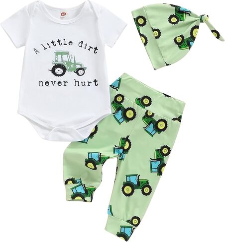 Newborn Baby Boy Summer Clothes Short Sleeve Letter Romper Farm Tractor Chicken Print Pants Hat 3Pcs Outfit in Saudi Arabia