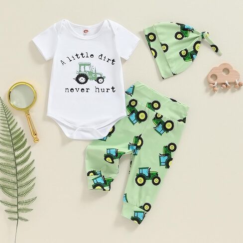 Newborn Baby Boy Summer Clothes Short Sleeve Letter Romper Farm Tractor Chicken Print Pants Hat 3Pcs Outfit in Saudi Arabia