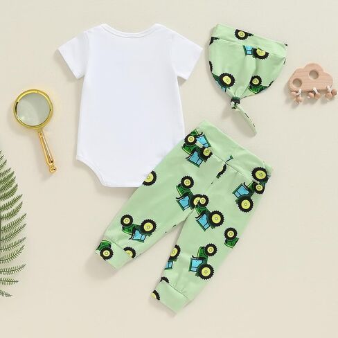 Newborn Baby Boy Summer Clothes Short Sleeve Letter Romper Farm Tractor Chicken Print Pants Hat 3Pcs Outfit in Saudi Arabia