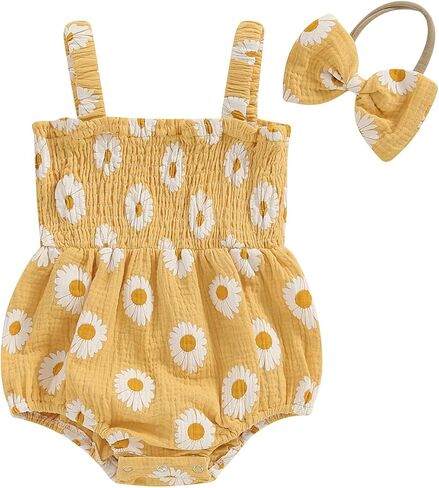 Hoanselay Baby Girl Summer Clothes Daisy Sleeveless Smocked Bubble Romper Cotton Linen Bodysuit Jumpsuit Newborn Girl Outfit in Saudi Arabia